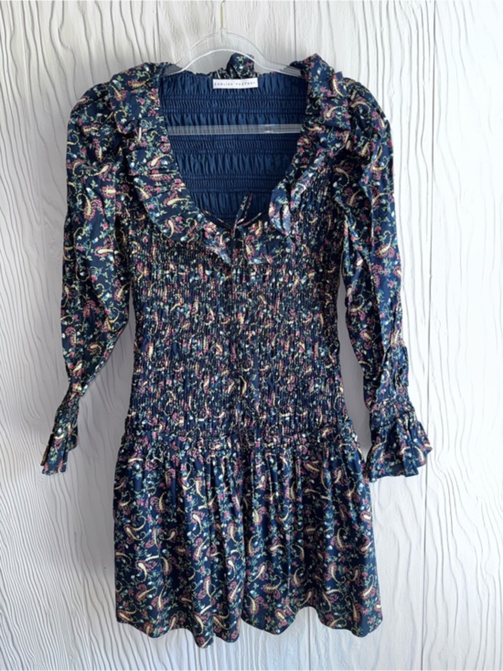 NWOT ENGLISH FACTORY SMOCKED BODICE LONG SLEEVE FLORAL MINI DRESS